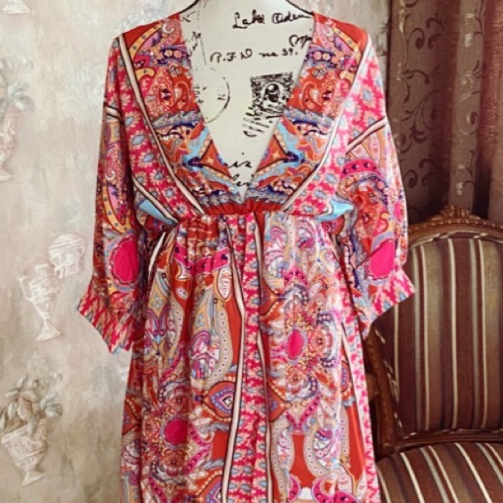 LARGE AVAILABLE GYPSY BOHO MIXED PRINT DRESS NWT - Picture 4 of 4